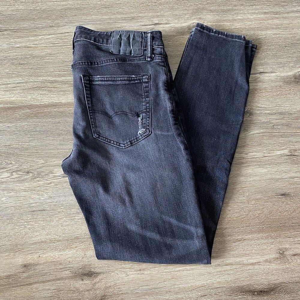 American Eagle Men's Jeans Slim Straight Airflex Distressed Black Denim Sz 32x32